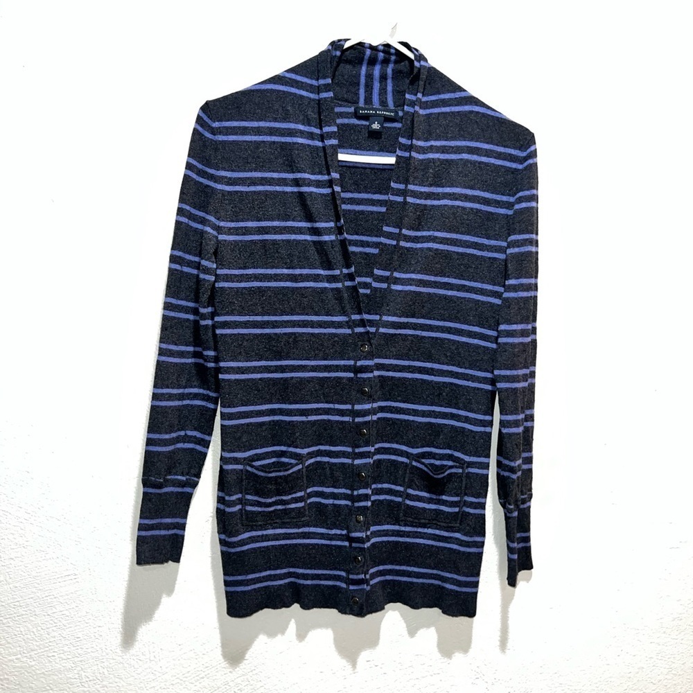 Banana Republic Black Purple Stripe Wool Blend Front Button Cardigan
